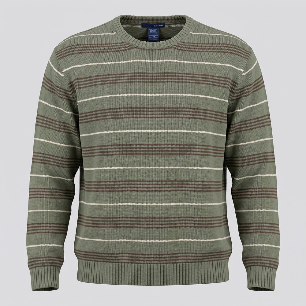 Basic Editions Mens XL Green Striped Cotton Crewneck Sweater Long Sleeve